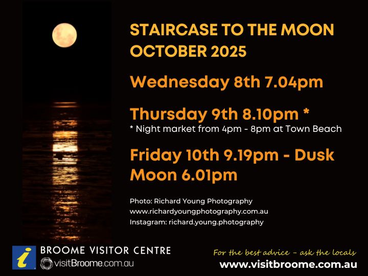 The final Staircase to the Moon viewing opportunity for 2025 is in October. We look forward to welcoming you to Broome if you are coming to see this celestial phenomenon. Night Market will be on Thursday 9th October 4pm - 8pm. visitbroome.com.au/events/stairca…