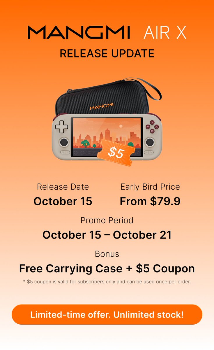 MANGMI_Official's tweet image. 📢#MANGMI AIR X Launch Update
The launch has been rescheduled to Oct 15, 2025 due to National Day holidays &amp;amp; inventory preparation.

As appreciation for your patience:

$79.9 Early Bird Price
FREE Carrying Case
$5 Subscription Coupon
Valid Oct 15–21.

Thank you for your support!