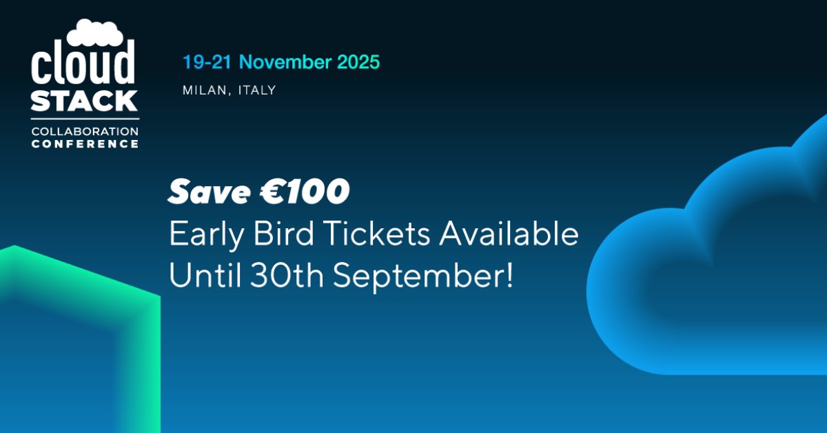 CloudStack's tweet image. There is just 1 week remaining until the Early Bird Tickets expire for #CloudStackCollab! Buy your ticket before 30 September and get €100 off the standard price.

Don’t miss your chance to attend at this discounted rate!
👉 tinyurl.com/yc4dzx7z