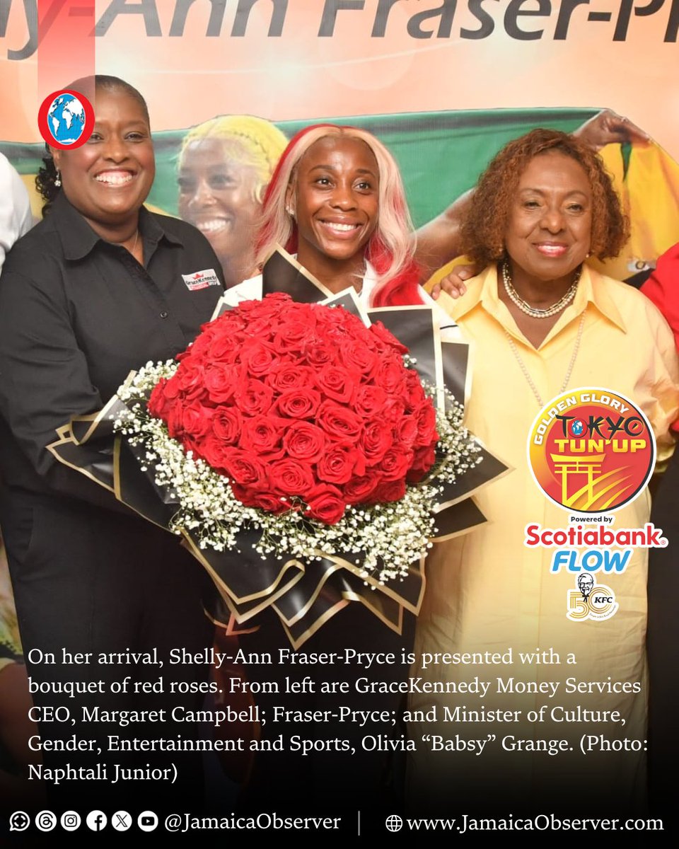 Now-retired Jamaican sprint queen Shelly-Ann Fraser-Pryce arrived in Kingston on Monday to a warm and enthusiastic welcome, after competing in the final meet of her career at the Tokyo World Athletics Championships.  

jamaicaobserver.com/2025/09/22/now…

#GoldenGlory #TokyoTunUp