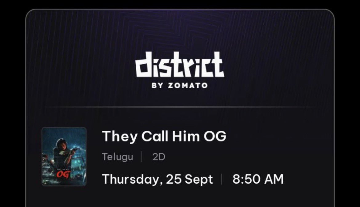 One Ticket Available at Chennai Casino Cinemas for 8:50AM FDFS on 25th!

Giving it for Online Price!

If you need, DM 🤝🏻 #TheyCallHimOG #TheyCallHimOGTrailer #ogtickets