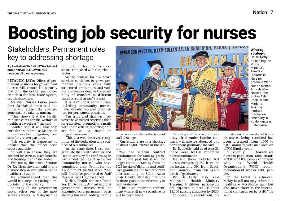 Salam 🇲🇾 MADANI,

📢 Good news for our NURSES!

✅ Permanent posts = stronger job security &amp; better career pathways

✅ 2,233 midwives confirmed promoted to Registered Nurses

✅ From Oct 2025, all new nursing intakes = permanent Post🌹

✅ Training intake expanded: 1,000 ➡️