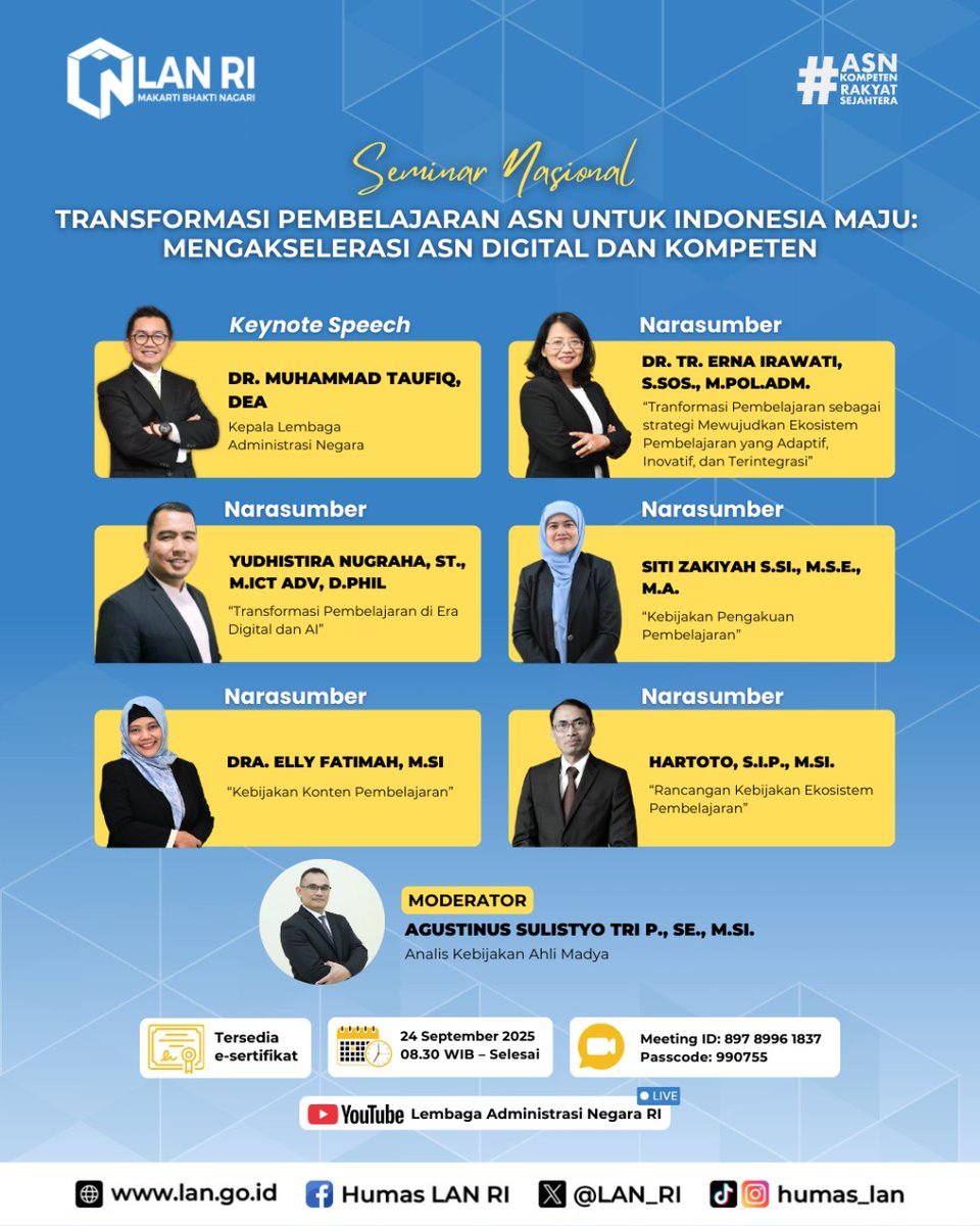 LAN_RI's tweet image. Indonesia butuh #ASN  yang melek digital, gesit, dan kompeten untuk menjawab tantangan zaman. Untuk meghadirkan ASN yang berkelas, dibutuhkan transformasi pembelajaran ASN. Bagaimana transformasinya?