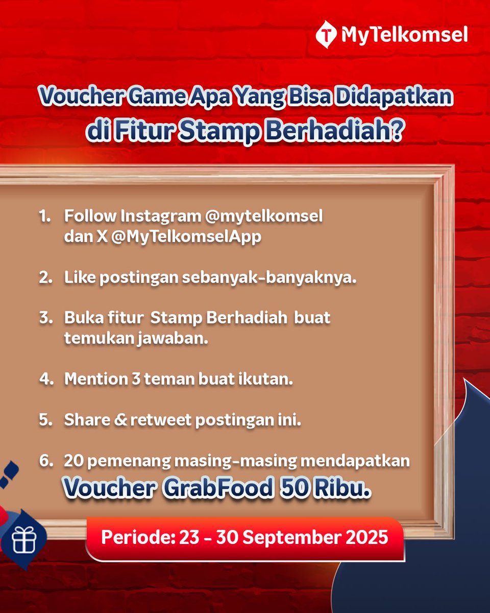 Siapa mau makan gratis bareng MyTelkomsel? 🍔✨

Ikutan kuis tebak voucher game yang bisa kamu dapetin di fitur Stamp Berhadiah.

🎁 Hadiah untuk 10 orang beruntung: Voucher GrabFood senilai Rp50.000!
Caranya gampang, ikutin semua mekanisme di foto dan tunggu pengumuman pemenang
