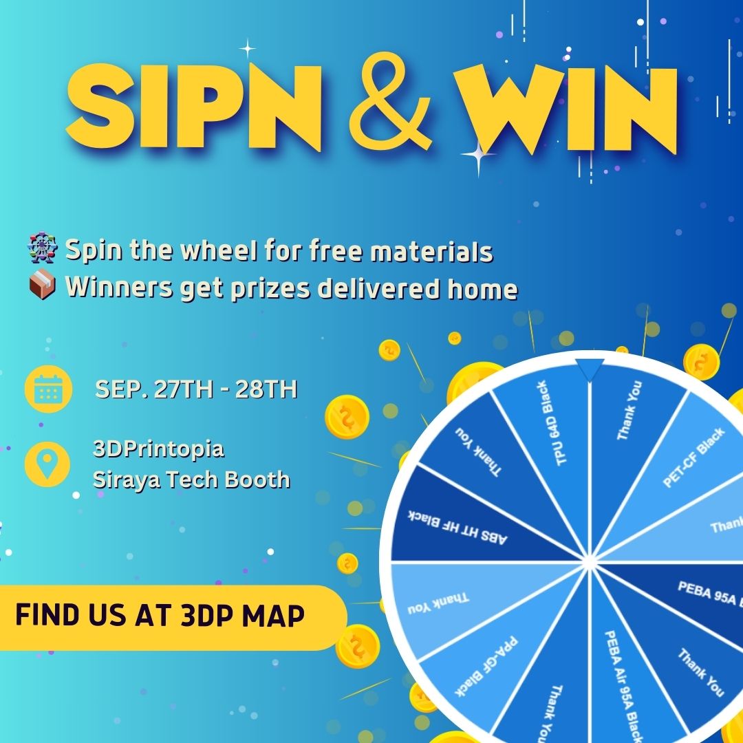 SirayaTech's tweet image. 🎡Headed to @3DPrintopia? Spin the wheel at the Siraya Tech booth!

We’re giving away community-favorite AND brand-new materials — shipped straight to your door, roam the show hands-free.

🎁Prizes you will have a chance to win:
1. PEBA 95A (new)
2. PEBA Air 95A (new, foamed)
3.…