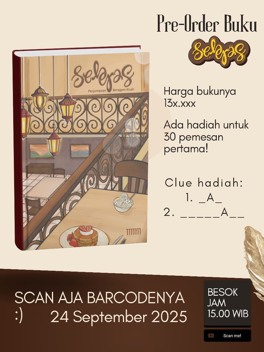 Ada cafe namanya Selaras.

Dari teman ngajak teman, terus ngajak teman lg. Jadilah 15 penulis mengajak karakter mereka buat datang dan membicarakan cafe Selaras ini. Melahirkan kisah yg begitu beragam, lalu terkumpul dalam sebuah buku.

BESOK, buku itu bisa mulai kalian pesan!