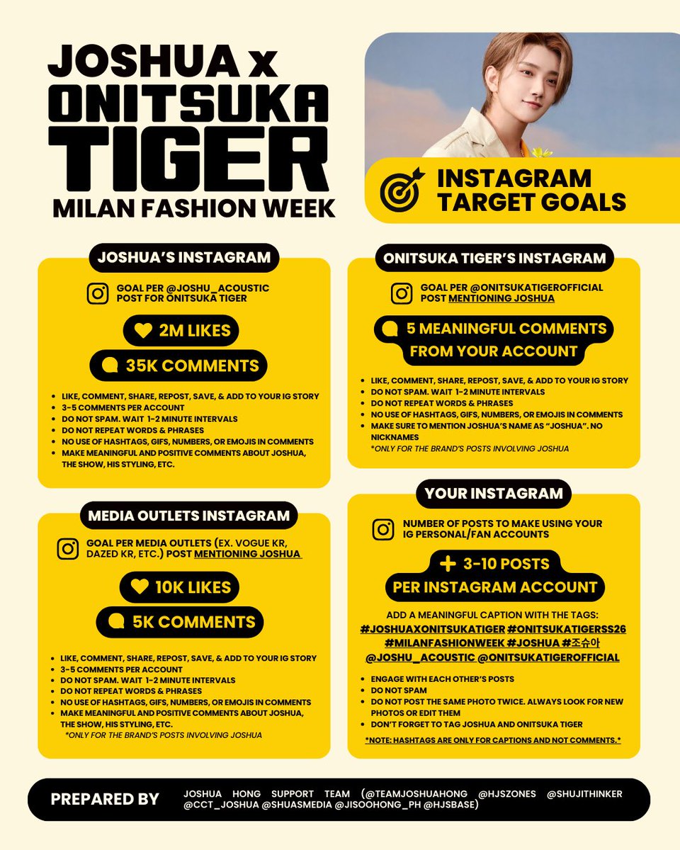 HJS_GLOBAL's tweet image. TARGETS AND GOALS FOR JOSHUA MILAN FASHION WEEK DEBUT

carats and joshushushus! please take note of our initial goals

let’s make sure that JOSHUA’s return to fashion week is a successful one! 

#JOSHUAxOnitsukaTiger #OnitsukaTigerSS26 #MilanFashionWeek
@pledis_17 @Onitsukatiger