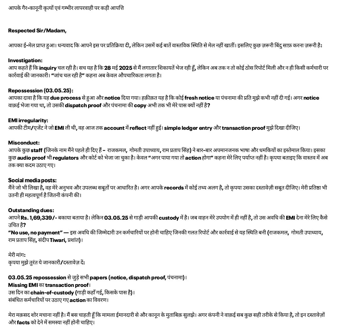 Saadhnamaur111's tweet photo. @anandmahindra @RBI Mahindra Finance says ‘due process’ was followed. But the reality:
– 6 months EMIs accepted, still repossession
– No fresh notice, no signed panchanama
– Abusive calls 
If this is due process, then women borrowers have no safety. #ConsumerRights #StopHarassment https://t.co/olj4nyZv7f