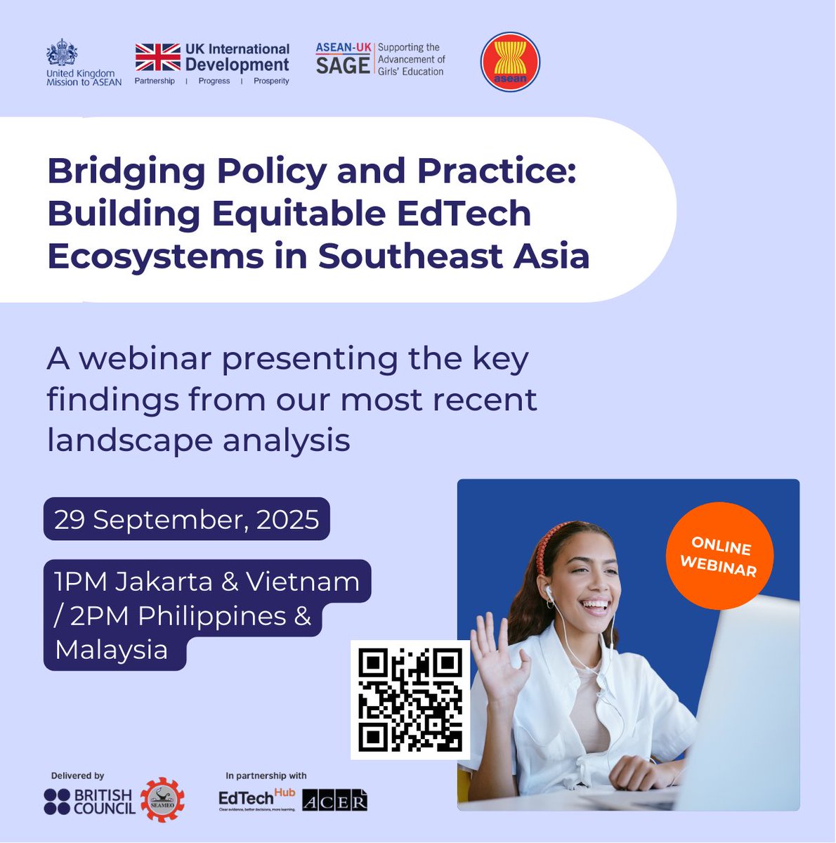 How can EdTech close—not widen—learning gaps in Southeast Asia? Join us Sept 29 for a dialogue with policymakers &amp; providers and launch of EdTech Hub’s new analysis.
🕐 1 pm JKT/VN | 2 pm PH/MY
🔗 bit.ly/3VaWftM