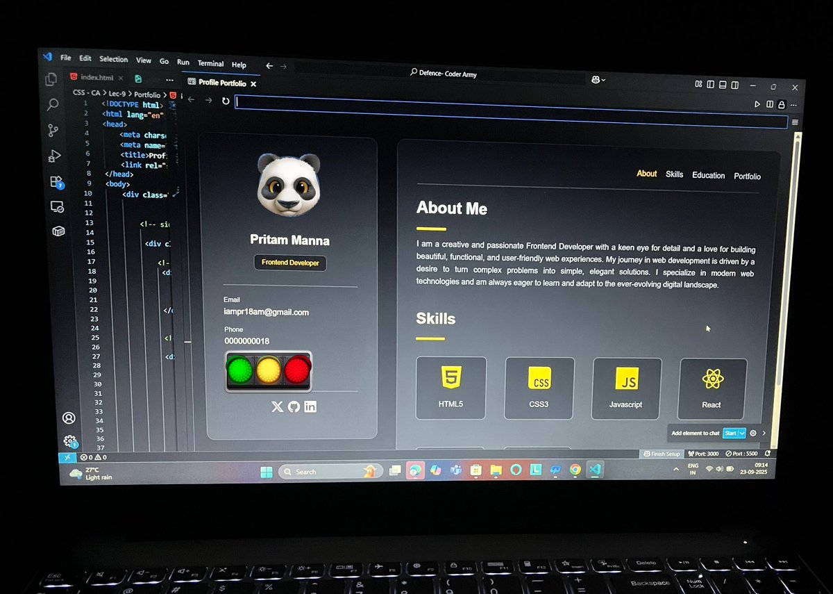 PriTamManna_18's tweet image. #Day15 of #DefenceChallenge🚀

📖Today’s Learning —&amp;gt;
    ✅ Built a Personal Portfolio Website using HTML &amp;amp; CSS
Thanks to @rohit_negi9 bhaiya
Excited for JavaScript lecture ⚡️

#WebDevelopment #CoderArmy #LearnInPublic #Frontend