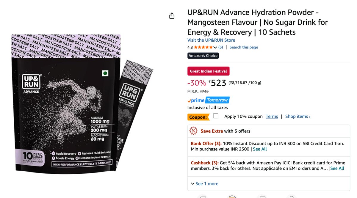 ChanakyaShah's tweet image. Amazon&apos;s Choice!!!
The royal fruit really hit it out of the park and even @Amazon knows it. This is the lowest we will ever go for Mangosteen. 

amzn.in/d/5KqPruV #Amazon Limited-time deal: UP&amp;amp;RUN Advance Hydration Powder - Mangosteen Flavour | No Sugar Drink for Energy &amp;amp;…
