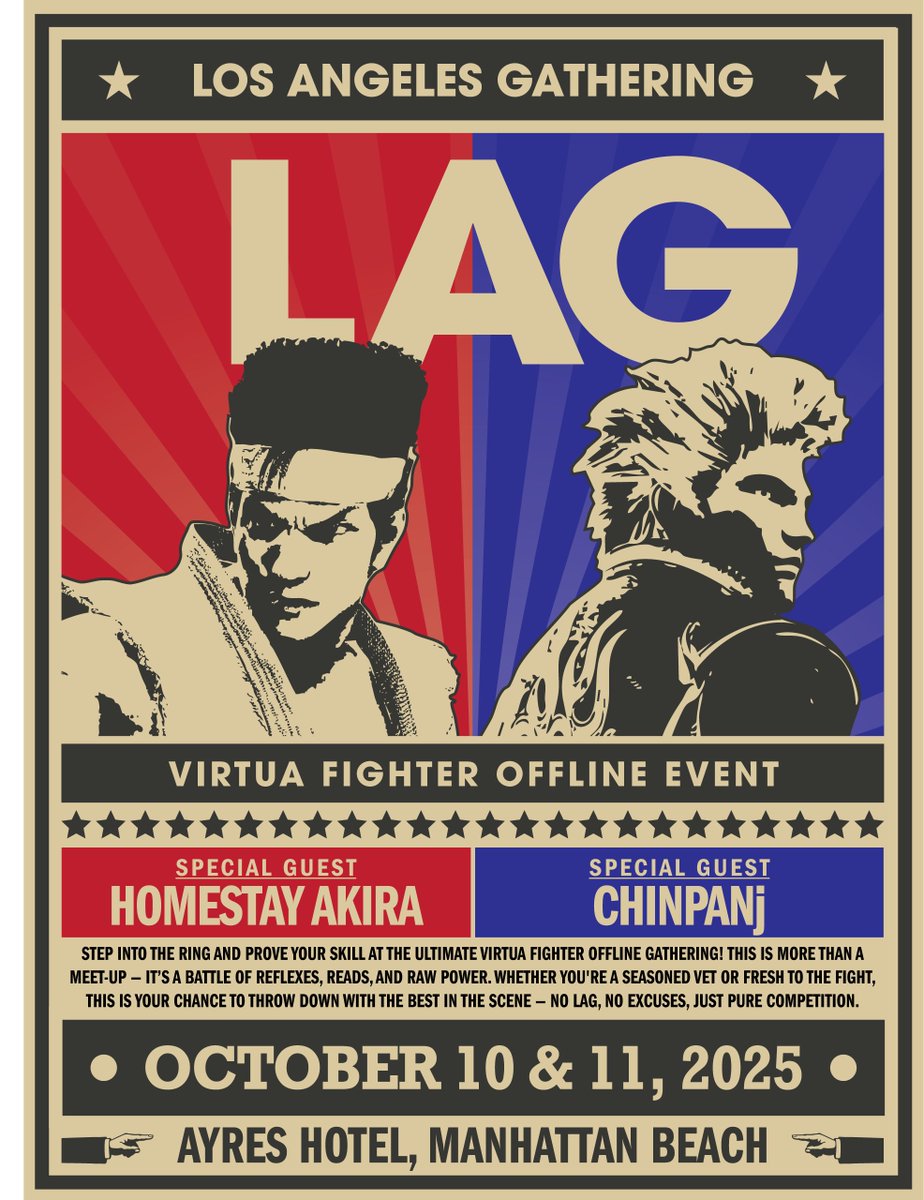 🔥 LAG 2025 is almost here! 🔥
Oct 10–11, <a href="/teamstrike1st/">STRIKE FIRST GAMING @ LAG 2025 VF5Revo Tournament</a> brings VF players together in Manhattan Beach, CA!

🎮 Elite play
🌎 🇯🇵 guests
🍱 🇯🇵 food truck
🎁 Giveaways
👕 Exclusive merch
🏖️ Beach hangout 

Don’t miss it → the-lag.com
#virtuafighter5revo #NoLAGjustLAG