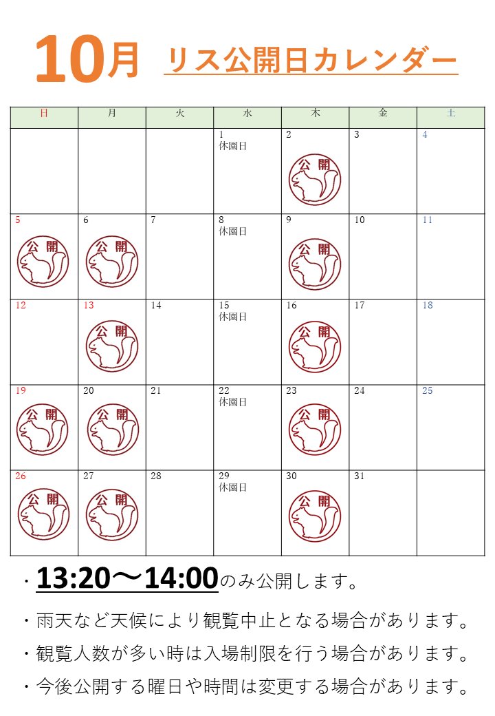 kobeojizoo's tweet image. #リスと小鳥の森 10 月の公開予定日はカレンダーの通りです 。
皆さま是非お越しください!お待ちしております🙌🏻
※例年と日時が異なります。 詳しくは画像をご覧下さい。
#王子動物園 #ニホンリス