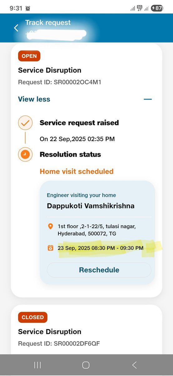 prabhak1589883's tweet photo. @JioCare 
Raised a service complaint and technician should visit 6pm 22-sep)but was failed to visit &amp; not even informed untill I called him around 7. He promised he will attend today morning but it seems it assigned to someone else for today 8PM ?? I need it resolve in mrng today https://t.co/1RVKEvEC5e
