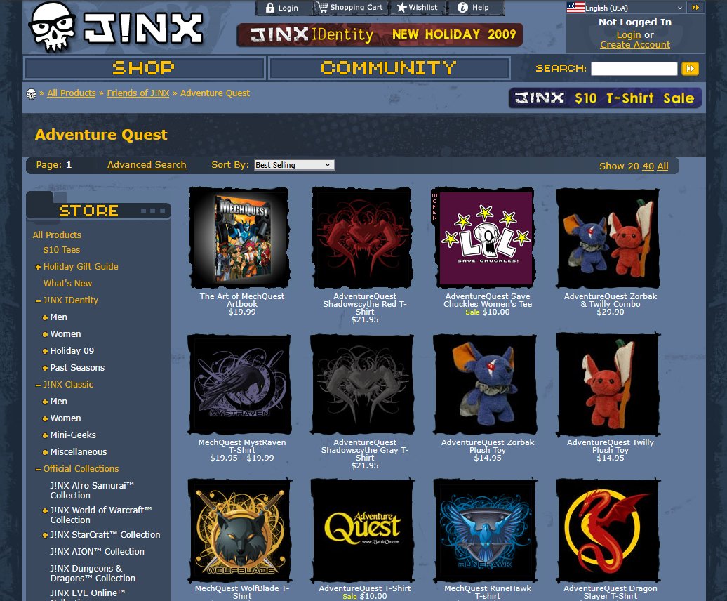 Vintage screenshot of J!NX, the website AE used to sell their merch on back in the early days of AQW (pre-HeroMart.)