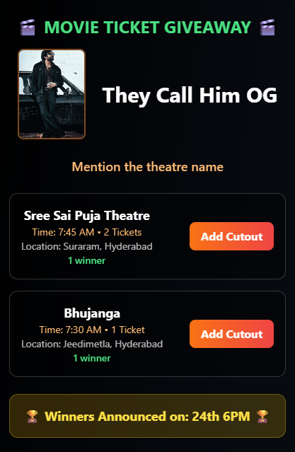 onecutout's tweet photo. 🗡️🗡️🗡️🗡️#TheyCallHimOG 🗡️🗡️🗡️🗡️
🎉🎉🎉🎉🎉Tickets GiveAway 🎉🎉🎉🎉

1. Goto https://t.co/xng1EkdtY8 
2. Add Cutout with Theatre Name. 

🔥🔥🔥🔥 Stay tune 🔥🔥🔥🔥

#Hyderabad #OGTickets https://t.co/P2Rof1Flg6