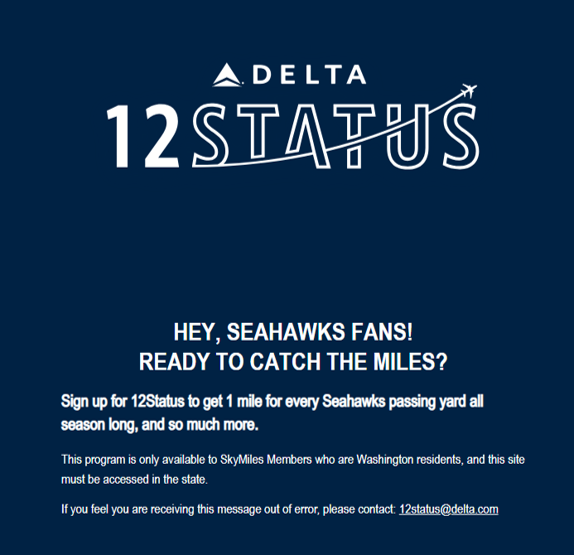 Simon_Says_Rain's tweet photo. @Delta I still can't re-enroll into @Seahawks Delta #12Status for this season. I'm a WA state resident & I'm trying to access the site in WA. I've sent two emails to 12status@delta.com (as listed on the website) but haven't received a reply. Who can help with this issue? https://t.co/Qf1N4f8gZa