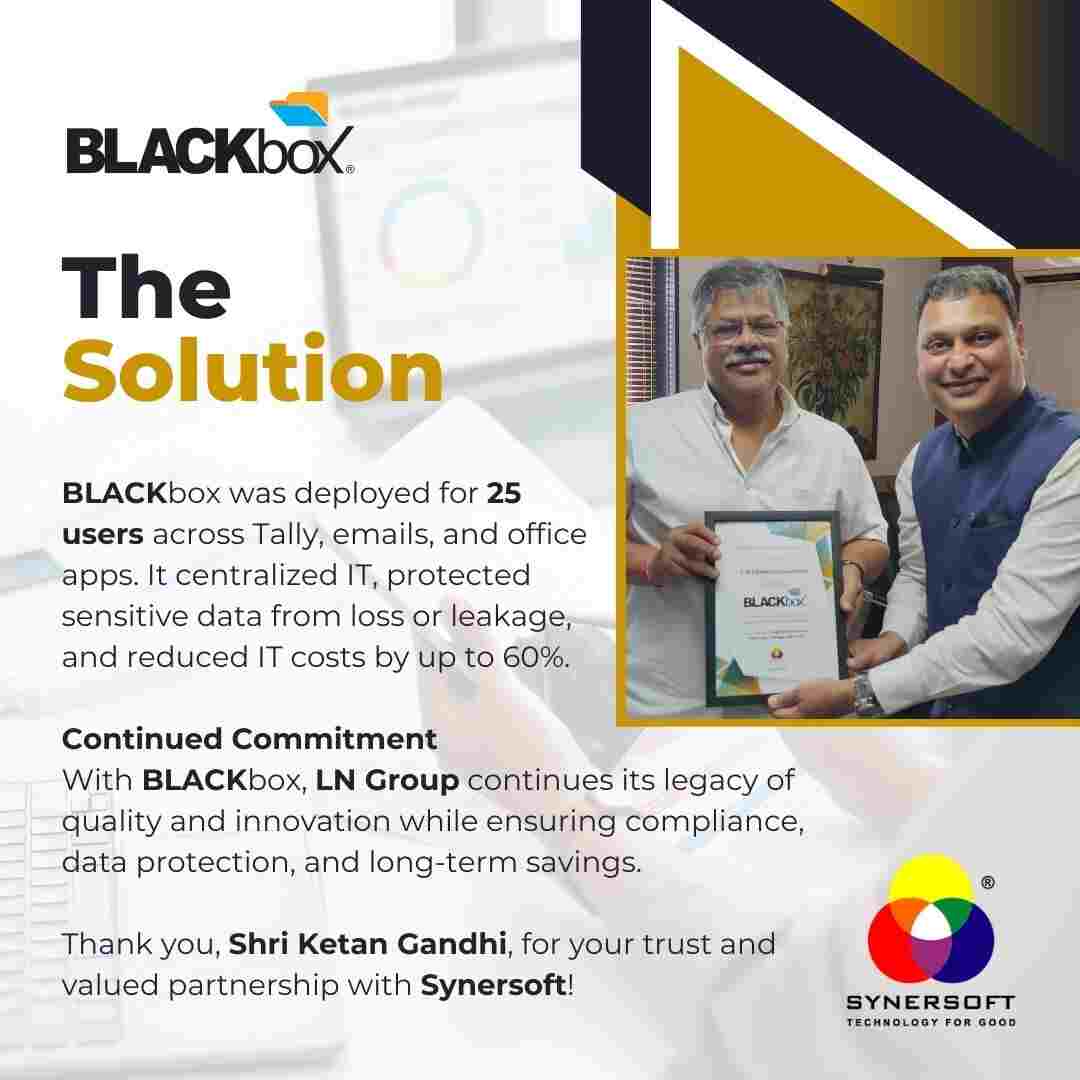 SynersoftTech's tweet image. We&apos;re proud to celebrate our 6-year journey with L N Chemical Industries (LN Group).

With BLACKbox, they&apos;ve not only secured their data but also saved 60% on hardware and software costs.

👉 Read the full case study: synersoft.in/case-study-ln-…

#CaseStudy #BLACKbox  #Synersoft