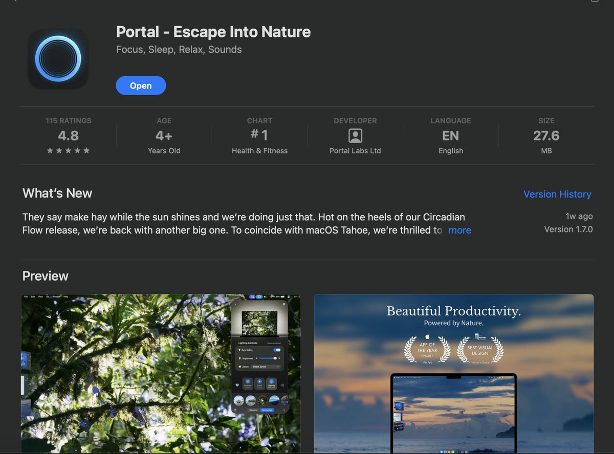 Portal (<a href="/Portal_Labs/">Portal - Escape Into Nature</a> ) is the best app I've purchased this year.

The entire experience is life-changing.

I stopped playing music at work, since it sets up the environment when I open up my Mac.

I'm even thinking of getting a new headphones for this 🎧
Shout out to the team!!