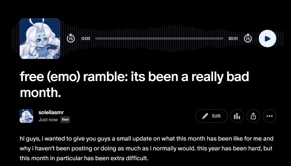free sadgirl ramble on patreon about why i haven't  been around much recently. it's 30min long but its just me yapping about why it's all been so hard

patreon.com/posts/free-emo…