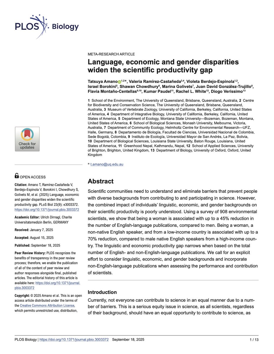 Our new research shows that being woman, non-native English speaker, from low-income country, results in up to 70% reduction in scientific productivity, than male native English speakers from high-income country.

LINK: journals.plos.org/plosbiology/ar…

What was biggest barrier for you?
