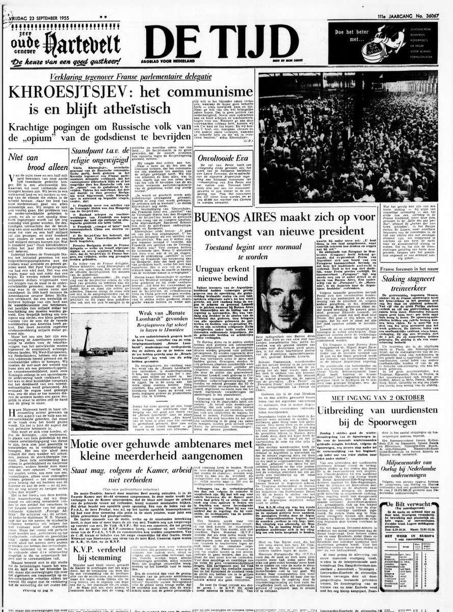 23 september 1955, voorpagina van de krant van mijn geboortedag. De Motie-Tendeloo (Corry Tendeloo) werd met een kleine meerderheid in de Tweede Kamer aangenomen. Een ambtenares mocht niet langer worden ontslagen, wanneer zij ging trouwen.
Trouw, collectie Delpher.nl