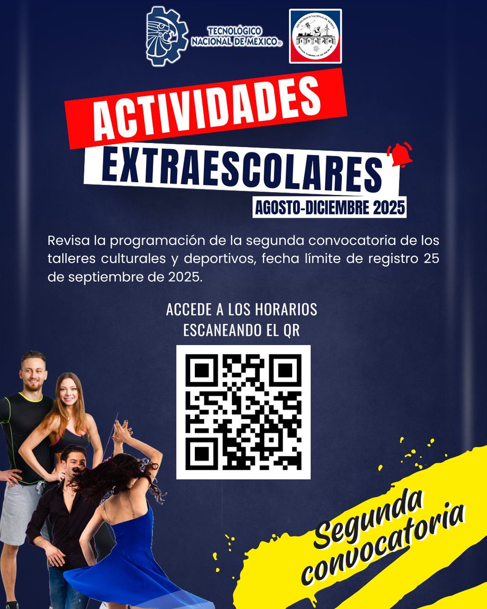 🦅2da Convocatoria a talleres culturales y deportivos 🎭⚽🎶🏐

👉 Consulta los horarios e instrucciones y realiza tu registro en el siguiente enlace:
🔗 bit.ly/ACEXTAD25D

Actividades Culturales y Deportivas

¡Anímate a ser parte de estas actividades. 🦅🤍💙❤