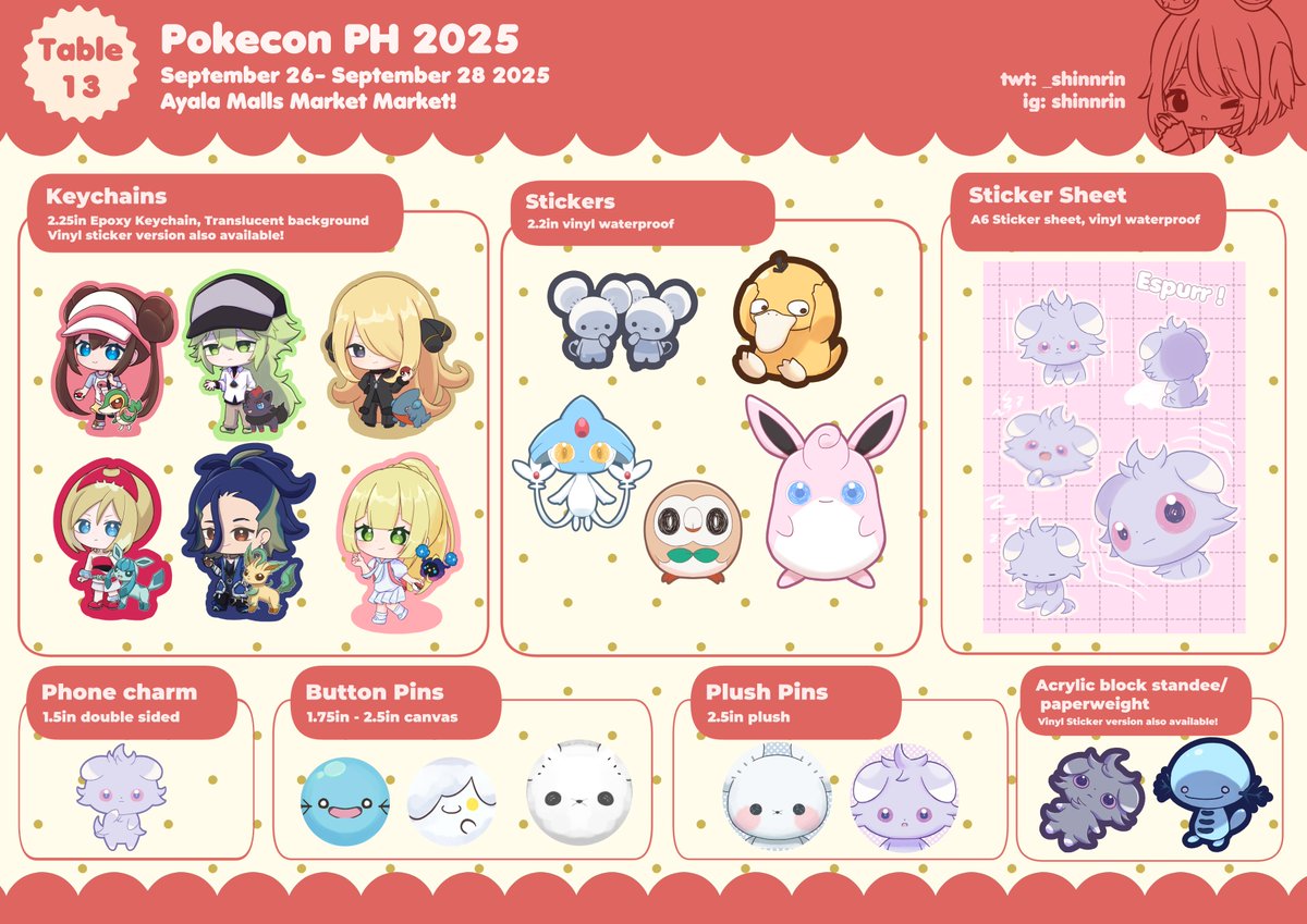 ⭐️#PokeConPH2025 Catalog⭐️

Tabling at pokecon this weekend!!
just a few stuff and espurr !