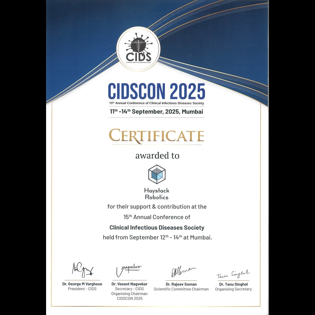 HaystackRobotic's tweet image. 📢 Haystack Robotics proudly participated in CIDSCON 2025 (#Mumbai)! Over 100+ hospitals showed interest in Violet Gen4, our latest robotic solution for infection prevention. Building smarter, healthcare through robotics 🤖
#RoboticsInnovation #SmartDisinfection #UVCDisinfection