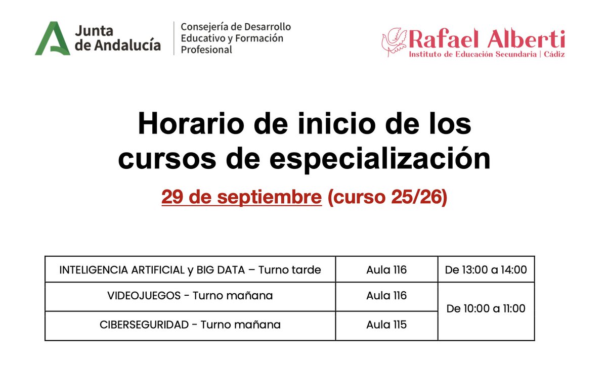 📢 ¡Atención alumnado de los Cursos de Especialización!
Ya está disponible el horario de presentación de cada curso.

📅 Consulta tu turno y no faltes a esta primera toma de contacto.
