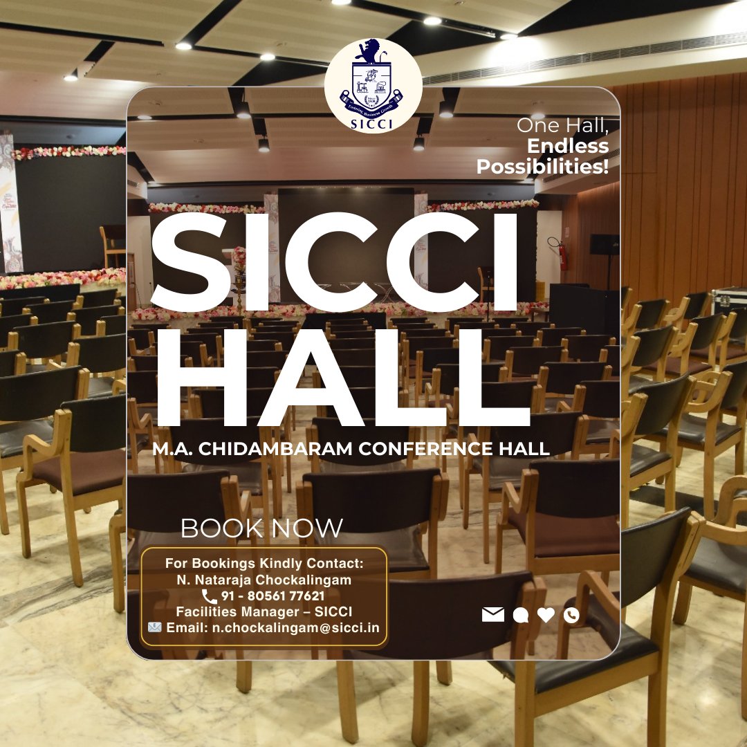 ✨ Looking for the perfect venue in Chennai?  

Host your next conference or seminar at SICCI’s M.A. Chidambaram Conference Hall 

📍 2,400 sq .ft. | AC | 120 seating
📷 Book Now: +91 80561 77621   

#ConferenceHallChennai #CorporateEvents #BusinessMeetings #EventSpace