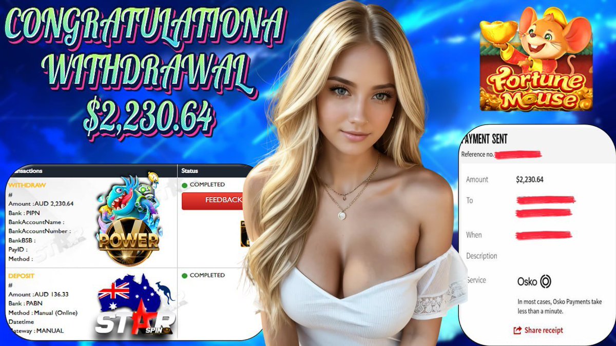 ✨ StarSpin996 – Australia’s #1 E-Wallet Platform! 🇦🇺
🌟 Congratulations to our Lucky Star! 🌟
🔥 Another big win from our trusted platform!
🎮 Platform: VPOWER
🎰 Winning Game: FORTUNE MOUSE
💰 Deposit: A$ 136.33
💵 Withdraw: A$ 2,230.64
💎 Your big break could be next!💎