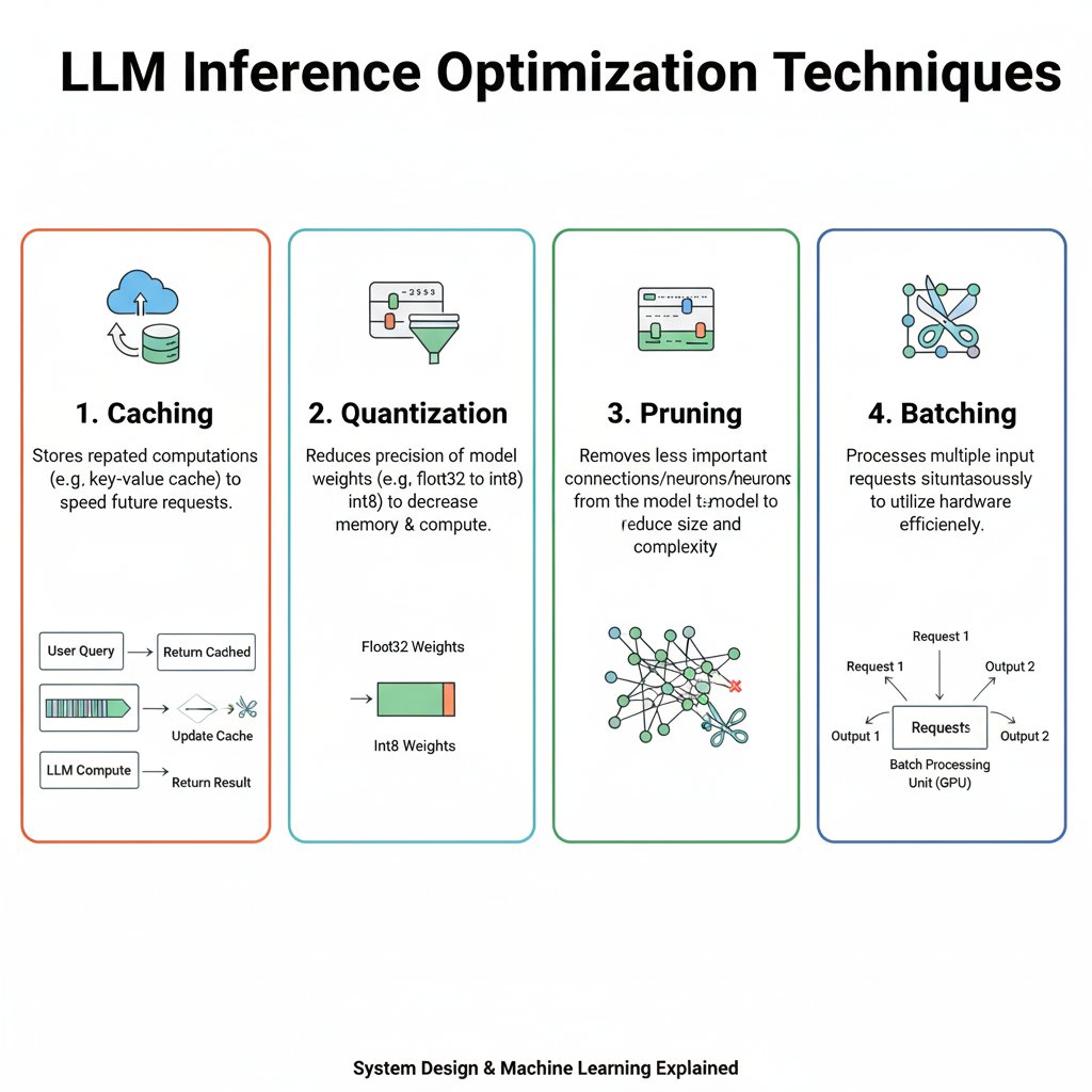 e_opore's tweet image. Inference Optimization in LLMs

Caching

→ Stores previously computed results (e.g., attention keys &amp;amp; values)
→ Speeds up long text generation by avoiding redundant work
→ Example: Like remembering part of a math solution instead of solving again

Quantization

→ Reduces…