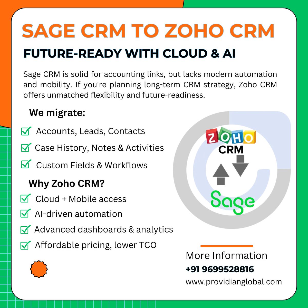 ProvidianGlobal's tweet image. Moving from #SageCRM to #ZohoCRM? 🚀 Get ready for cloud flexibility &amp;amp; AI-driven automation!
We can seamlessly migrate all your data—leads, accounts, activities, &amp;amp; custom fields
#CRMMigration #CRMTransformation #CloudCRM #AIpoweredCRM #Zoho #BusinessSolutions