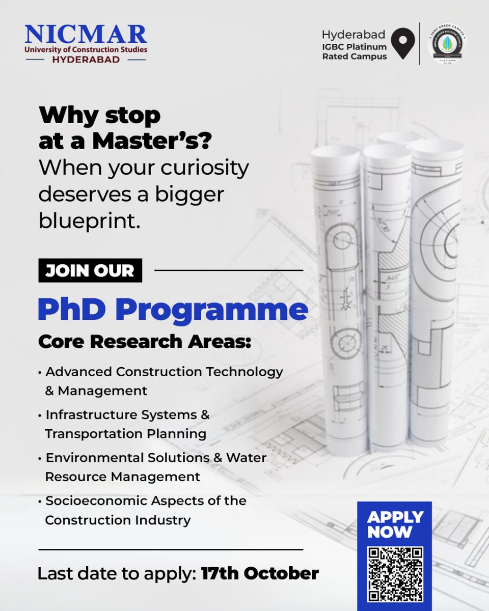 NicmarHyderabad's tweet image. At NUCS Hyderabad, a PhD isn’t just the next step, it’s a leap toward meaningful impact.
 With advanced research and real-world relevance, this is where future change makers shape the construction industry.
#NICMARHyderabad #PhDProgramme #AcademicExcellence #ResearchDriven