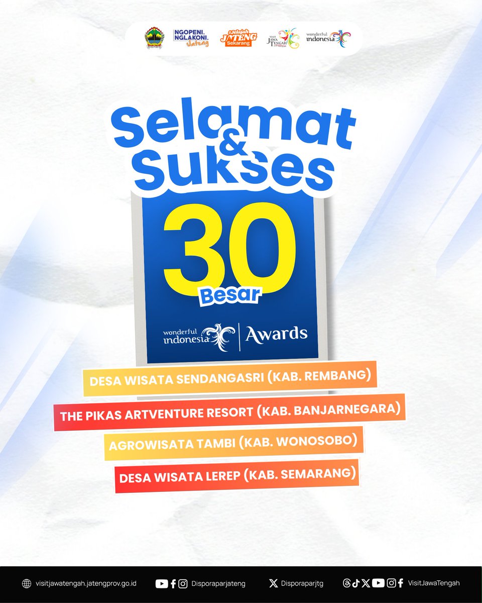 Empat Wakil Jawa Tengah Masuk 30 Besar Wonderful Indonesia Awards 2025

Selengkapnya ---> visitjawatengah.jatengprov.go.id/id/artikel/emp…