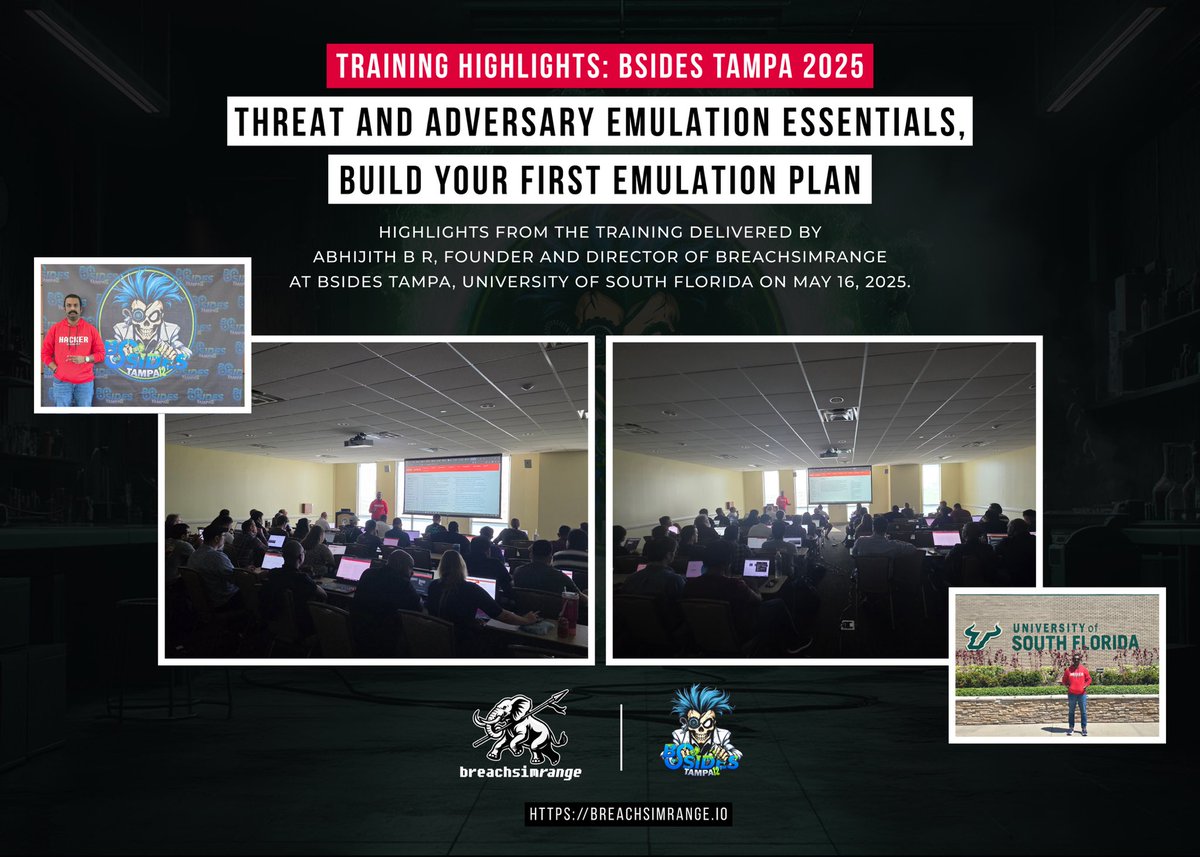 Training Highlights - <a href="/BSidesTampa/">BSides Tampa IT Security Conference</a> 2025:
Highlights from the Training "Threat and adversary emulation essentials, build your first emulation plan” delivered by <a href="/abhijithbr/">Abhijith B R</a> at <a href="/BSidesTampa/">BSides Tampa IT Security Conference</a> , USF on May 16, 2025.
Learn more: breachsimrange.io
#BreachSimRange