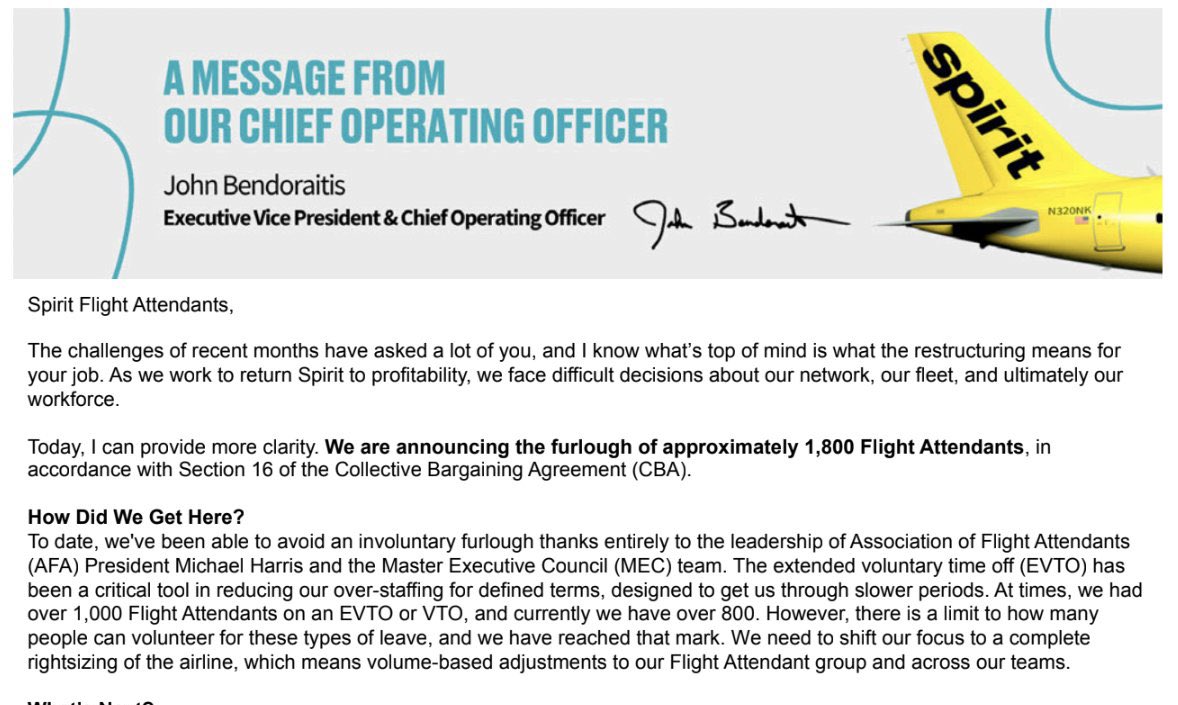 🔴 Faillite de Spirit Airlines.

La compagnie low-cost va licencier 1800 hôtesses de l’air et stewards d'ici le 1er décembre.

Il s’agit d’un tiers de son personnel de bord.

Spirit va réduire de 25% son programme de vol à partir d’octobre.