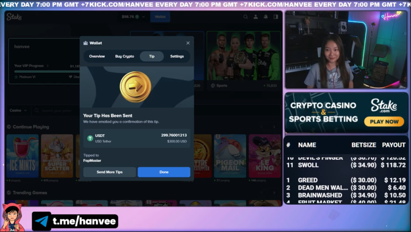 Congrats Player "Fapmaster" Today For Winning a total of 300$  on the stream from the GUESS THE FINAL BALANCE TODAY (20% of 1500$ payout)  

Schedule : I streaming daily at 4:00 AM UTC/GMT on kick.com/hanvee 

Every Live = giveaways !!!