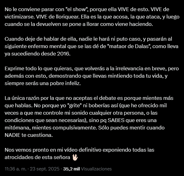 Resumen: Lloro fuerte fuerte. Déjame decirte de todo y tú no puedes decir nada de mí o miento sobre ti.

Soy bueno y todos los demás son malos.

el 95% de tu canal, son mis haters xD