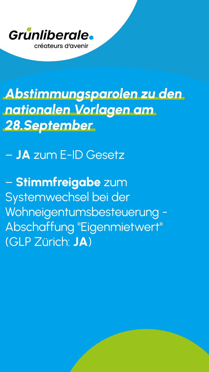 Am kommenden Sonntag, 28. September finden verschiedene #Abstimmungen in der #Schweiz statt!
Geh noch heute brieflich abstimmen!

JA zur #EID und JA zum #Klimaziel 2024 im Kanton #Zürich!

#Abst25