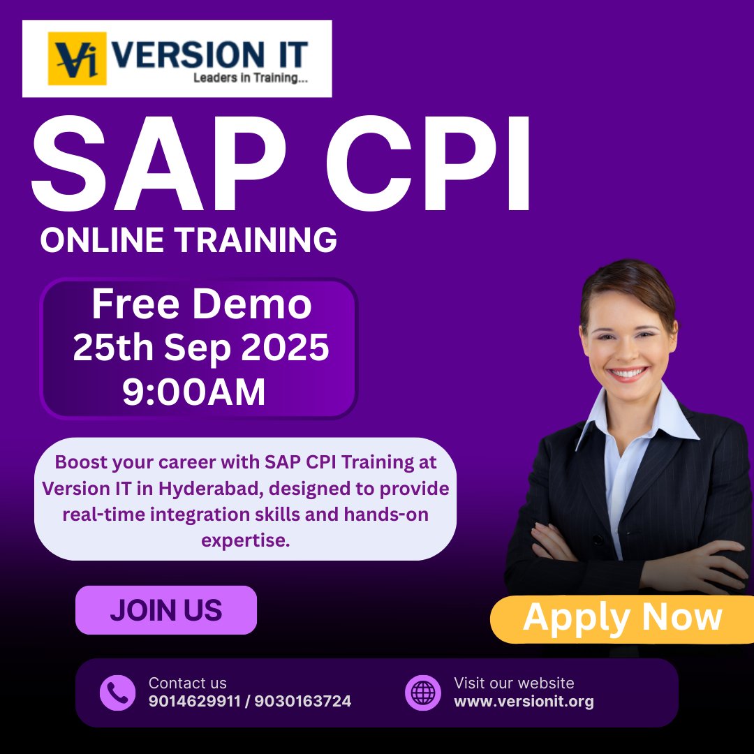 PVersionit's tweet image. 🚀 Become an SAP CPI Expert!
Join Hyderabad’s No.1 SAP Training – Version IT 🎯
📅 Demo: 25 Sept 2025 | ⏰ 9 AM | 🖥 Online
⏳ Duration: 2 Months

📌 Register 👉 forms.gle/U1uUyQERx8jwVJ…
📞 9030163724 | 9014629911
#SAPCPI #SAPTraining #VersionIT #Hyderabad