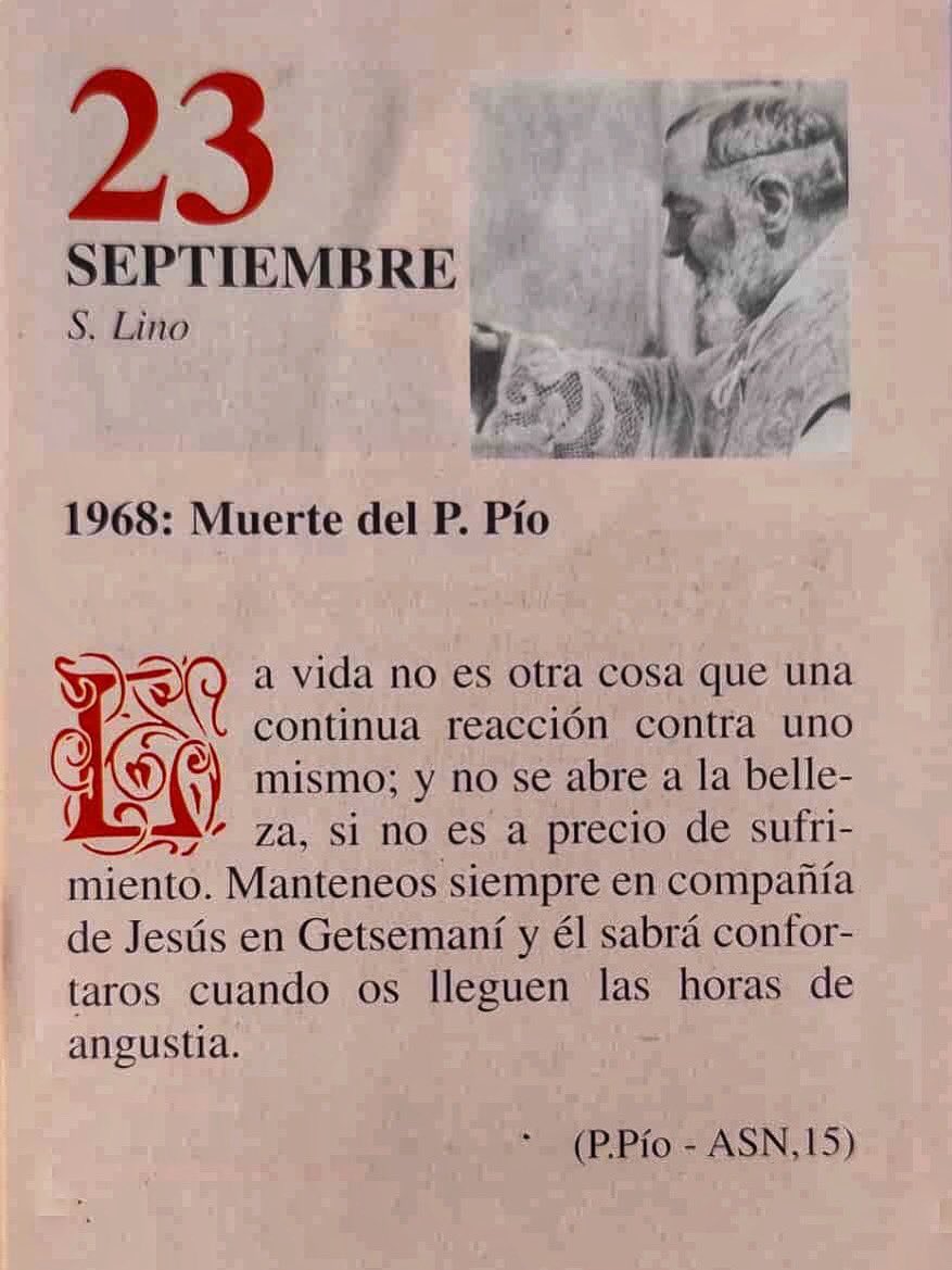 SanPadrePioPiet's tweet image. ¡Feliz Martes 23 de Septiembre! ¡Festividad del Padre Pío!

“La vida no es otra cosa que una continua reacción contra uno mismo; y no se abre a la belleza, si no es a precio de sufrimiento. Manteneos siempre en la compañía de Jesús en Getsemaní y Él sabrá confortaros…”
