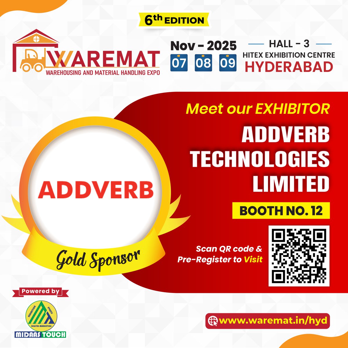 warematexpo's tweet image. 🌟 Gold Sponsor Spotlight – ADDVERB Technologies Limited at Booth No - 12 in #WAREMAT #Hyderabad2025 🤖 #Addverb, a global leader in #robotics, is redefining #warehouseautomation with intelligent robots powered by modular software. By transforming #supplychain end-to-end, Addverb…