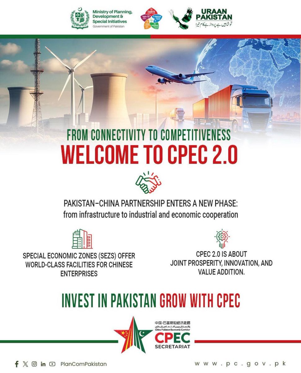 CPECOfficials's tweet image. Welcome to CPEC 2.0: The journey from connectivity to competitiveness!

The Pakistan-China partnership is evolving, moving beyond just infrastructure to focus on industrial and economic cooperation. 

#CPEC #CPEC2.0 #Pakistan #China #SEZs #EconomicCooperation #Investment
