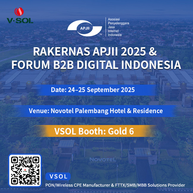 vsolution_fttx's tweet image. Next stop: Palembang! VSOL joins RAKERNAS APJII 2025 &amp;amp; FORUM B2B DIGITAL INDONESIA Sept 24-25. Visit Booth Gold 6 at the Novotel Hotel for solutions that power Indonesia’s digital future! 🤝 #VSOLIndonesia #RAKERNAS2025 #DigitalTransformation