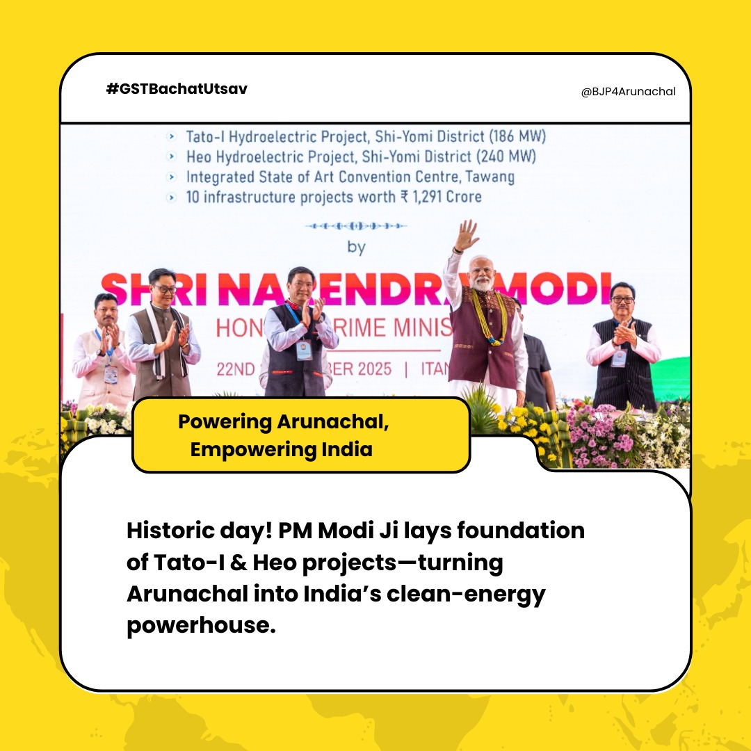 BJP4Arunachal's tweet image. Under PM Shri @narendramodi Ji’s vision and CM Shri @PemaKhanduBJP Ji’s leadership, Arunachal steps into a brighter future. The Tato-I and Heo hydro projects will bring reliable power, jobs, and prosperity to every home.

#PowerRevolution #ViksitArunachal #EnergyForAll