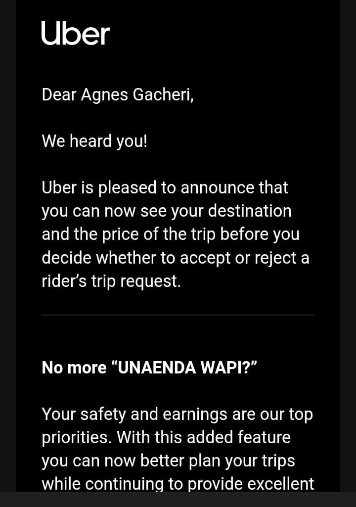 Now drivers can see the DESTINATION and PRICE before accepting trips -  a win for transparency and fairness after dialogue between TAWU and <a href="/uber_kenya/">Uber Kenya</a> 
#SAFERATES
#FAIRWORK
<a href="/ITFglobalunion/">International Transport Workers' Federation (ITF)</a> <a href="/FesKenya/">FES Kenya</a> <a href="/COTU_K/">COTU KENYA</a>