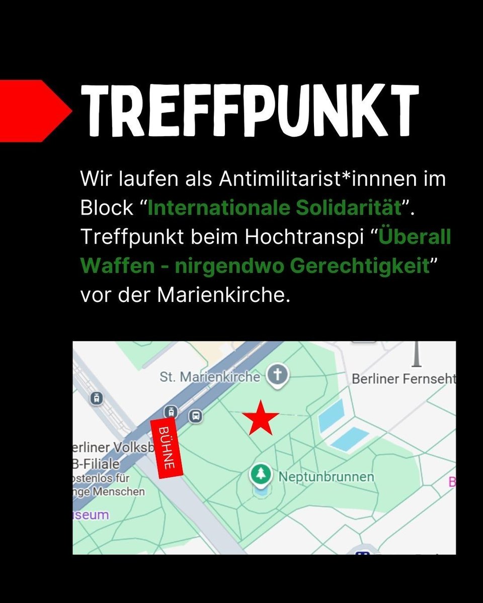 Berlin: Demo am 27.9. 

🔥Von Kongo bis Sudan, von Rojava bis Palästina – deutsche Waffen morden mit auf der ganzen Welt!

📢 Kommt mit uns auf die Straße:

📍Treffpunkt: 14.30 vor der Marienkirche am Hochtranspi "Überall Waffen - nirgendwo Gerechtigkeit"

#b2709 #zusammenfürGaza