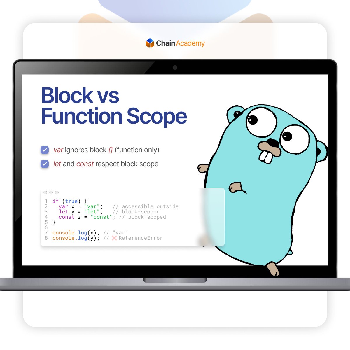 chainacademy_'s tweet image. New series! 🚀 Demystifying JavaScript variables in 4 swipes! Get to know var, let, & const and learn about scope & hoisting in our new guide.
#JavaScript #JavaScriptTips #LearnToCode #ChainAcademy #LimitlessLearning